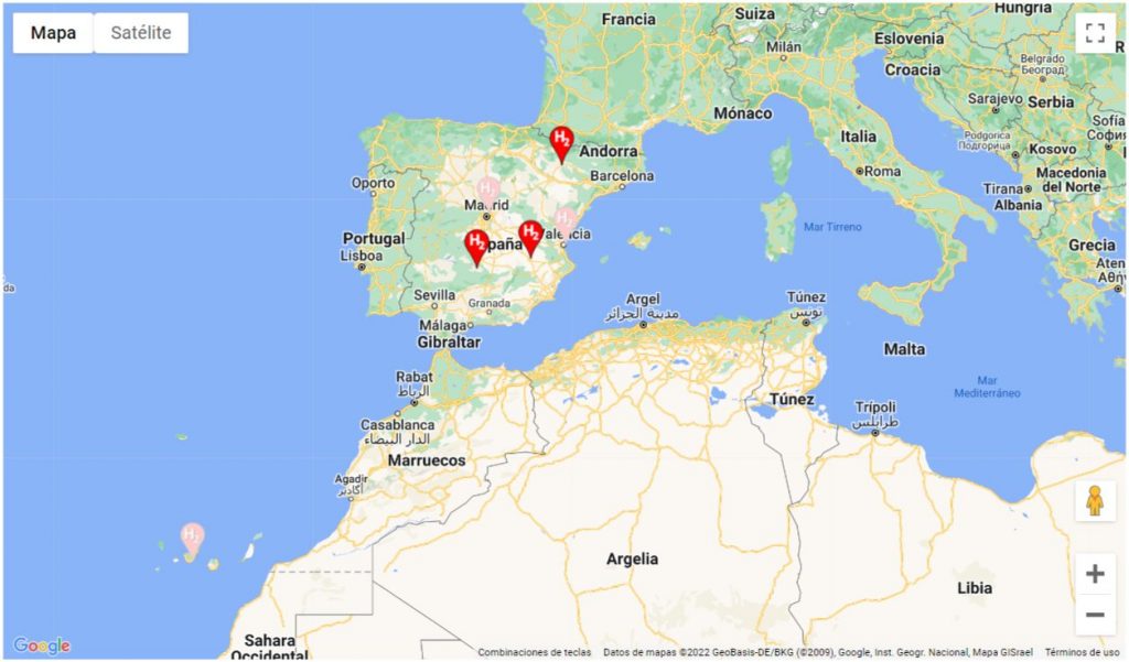 Hydrogen filling stations map of Spain