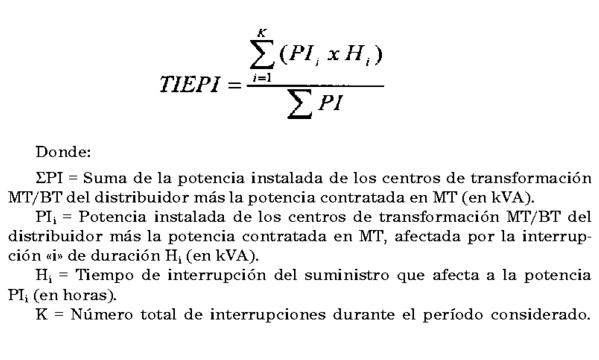 Fórmula TIEPI. calidad del suministro eléctrico